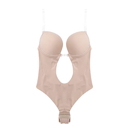 Agoky Body para Mujer sin Escote en V Profundo sin Tirantes Sin Espalda Sujetador Push Up con Aros Correas Transparentes Ajustables Tanga Corsés Body Boda Fiesta Caqui Khaki 36C,36D,38B