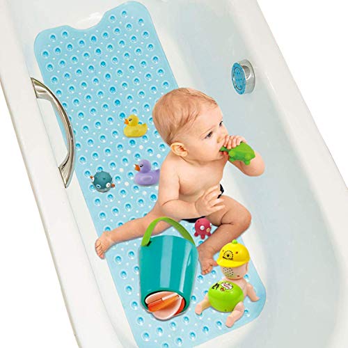 Alfombrilla de Baño, 40 * 100 cm Alfombrilla Antideslizante bañera De Baño, Lavable a máquina,con Orificios de Drenaje, Alfombrilla para Bañera Adecuado para Niños en Familia y Ancianos (Azul)
