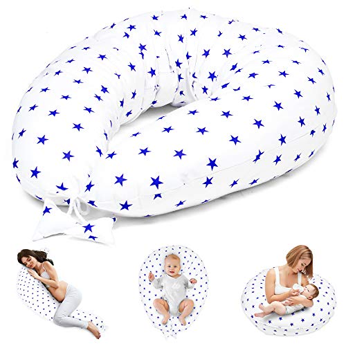 Almohada Embarazada y Cojin Lactancia 165 x 70 cm Almohada - Cojín Embarazo Maternidad Dormir y Cojines Blanco con Estrellas Azul Oscuro