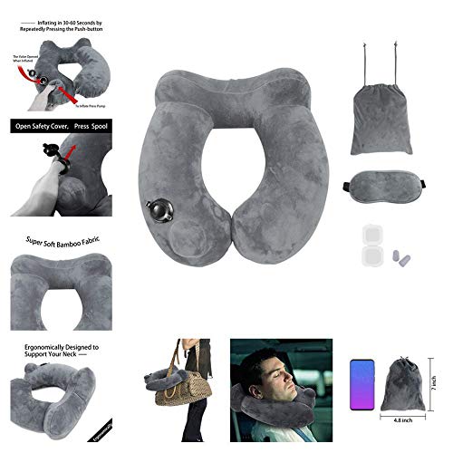 Almohada inflable - 32x30x10cm 4PCS Presione Almohada de viaje inflable automática de usos múltiples Soporte para el cuello tipo U(gris)