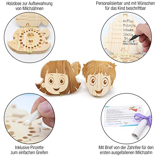 Amazy Caja para dientes de leche (Grande | Niño) Incl. pinza y carta del Hada de los Dientes – Recipiente de madera para dientes de leche