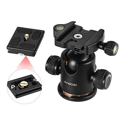 Andoer Rótula,Pro Ballhead de Metal 360 Grados Giratoria Panorámica con 1/4 Plato de Liberación Rápida y Nivel de Burbuja, para Trípode, Monopie,Deslizador,Cámara Réflex Digital,Videocámara