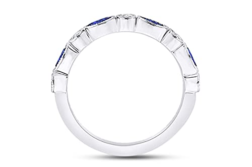 Anillo de boda de diamante natural blanco de corte redondo de 1/6 quilates con zafiro azul marquesa en oro de 18 quilates sobre plata esterlina (0,18 quilates, claridad I2), Diamond Sapphire,