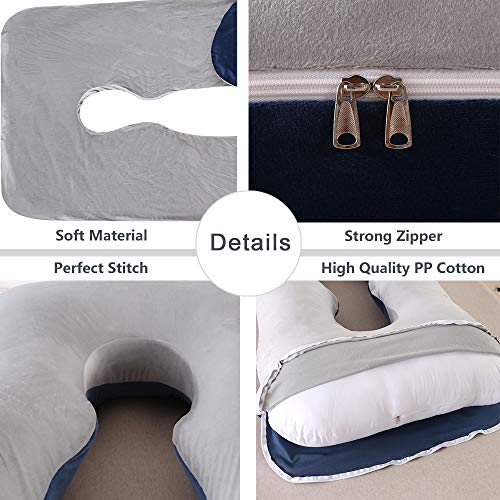 ARNTY Almohada Embarazada Dormir,Almohada de Maternidad Forma u,Embarazo Almohada de Cuerpo Mejorar Sueño, con Funda Extraíble y Lavable (Terciopelo-Azul &Light Grey)