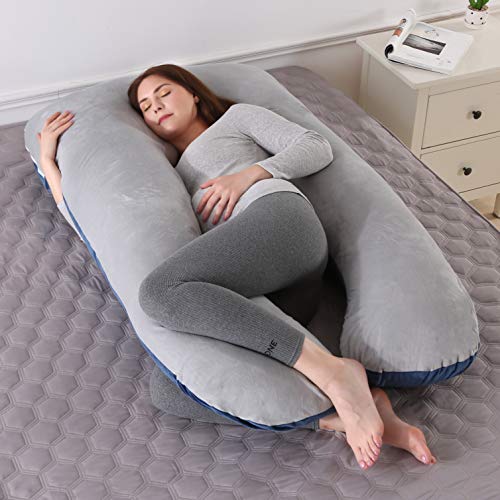 ARNTY Almohada Embarazada Dormir,Almohada de Maternidad Forma u,Embarazo Almohada de Cuerpo Mejorar Sueño, con Funda Extraíble y Lavable (Terciopelo-Azul &Light Grey)