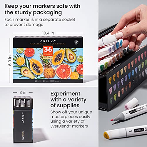 Arteza Everblend Rotuladores de arte, set de 36 colores, Tonos Trópicos, tinta a base de alcohol, doble punta (fina y biselada), rotuladores para pintar, colorear, dibujar, con caja organizadora
