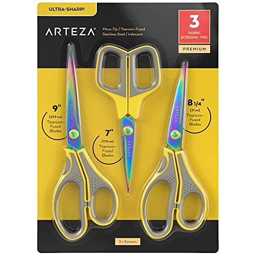 Arteza Tijeras de Tela, Juego de 3 (17,8 cm, 21 cm y 22,9 cm), Tijeras de Acero Inoxidable Recubierta de Titanio con Micro Puntas, Materiales de Costura para Cuero, Corte y Confección y Manualidades