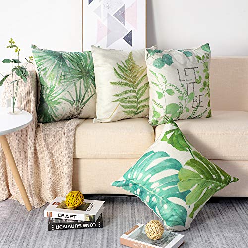 Artscope Funda de Cojín Suave Lino Funda de Almohada Cuadrado para Sofá Cama Decoración para Hogar 45x45cm,Set de 4 (Hojas Verdes)
