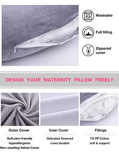 AS AWESLING Almohada de embarazo, almohada de cuerpo completo en forma de U, almohada de lactancia, apoyo y maternidad para mujeres embarazadas con funda de terciopelo extraíble (gris)