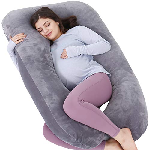 AS AWESLING Almohada de embarazo, almohada de cuerpo completo en forma de U, almohada de lactancia, apoyo y maternidad para mujeres embarazadas con funda de terciopelo extraíble (gris)