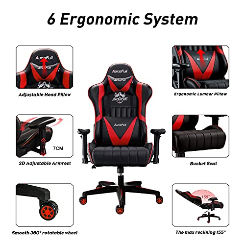 AutoFull Silla Gaming Ergonómica Silla de Oficina Silla Gamer Cuero de PU Silla de Escritorio,Altura e inclinación Ajustables,Reposacabezas y Soporte Lumbar,Rojo (garantía de Tres años)