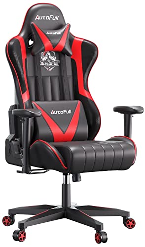 AutoFull Silla Gaming Ergonómica Silla de Oficina Silla Gamer Cuero de PU Silla de Escritorio,Altura e inclinación Ajustables,Reposacabezas y Soporte Lumbar,Rojo (garantía de Tres años)