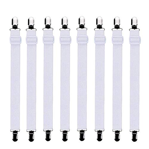 Bedecor - 8pcs(Extender 30-120 cm) Sujetadores de Hojas,Sujetadores de Tirantes Ajustables para sábanas o sofás,Blanco