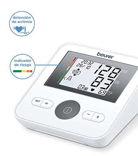 Beurer BM27l tensiómetro de brazo, funcion ok, medición automática, manguito universal, detección arritmia, pantalla clara, memoria 4 x 30 miediciones, color blanco