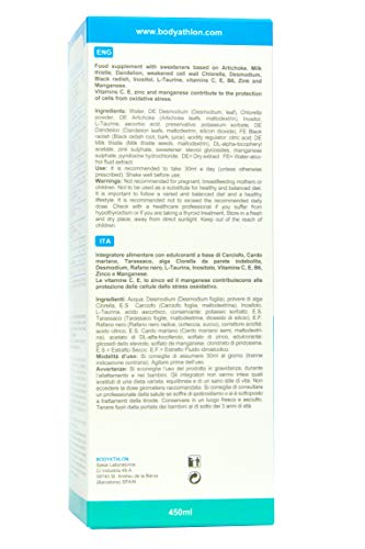 Bodyathlon– Detox Líquido– Depurativo Hígado y Colon- Potente y profunda eliminación de toxinas– Colon Cleanse– Evita retención de líquidos– Desmodium Alga Chlorella Alcachofa– Sabor Natural- Vegano