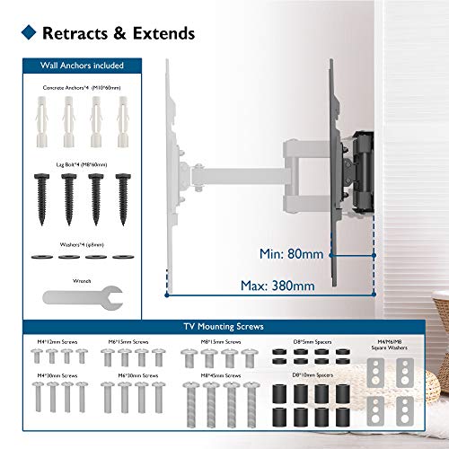 BONTEC Soporte de Pared para TVs Planos & curvos de 23-60 Pulgadas, se extiende la Inclinación Giratoria, Doble Brazo y Movimiento Completo, Incluye Cable HDMI, Nivel topográfico, 5 Correas de Velcro