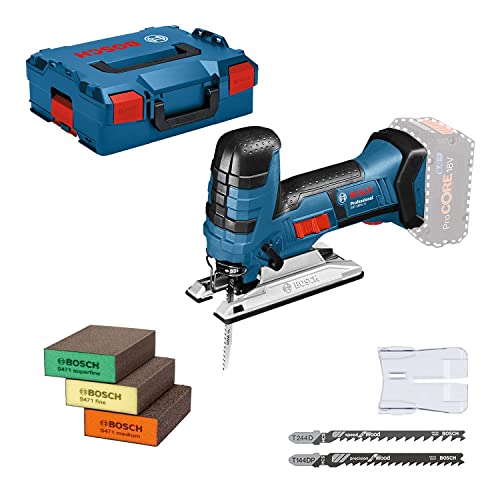 Bosch Professional 18V System GST 18 V-LI S - Sierra de calar a batería (2700 cpm, profundidad de corte 120 mm, 3 hojas de sierra + 3 esponjas, sin batería, en L-BOXX) - Amazon Edition