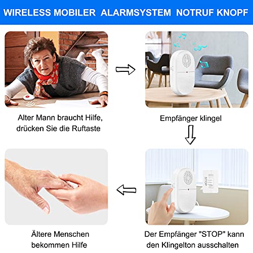 Botón de llamada emergencia para personas mayores, 1 receptor + 2 transmisores, caregiver Pager, sistema alarma móvil, timbre inalámbrico, funciona con pilas, doméstica, botón interno SOS