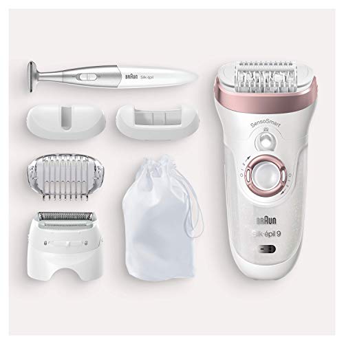 Braun Silk-épil 9 Depiladora Mujer con Tecnologí­a SensoSmart con Cabezal Oscilante y Perfilador Línea Bikini, Uso en Seco y en Mojado, Inalámbrica, 9-890, Blanco/Oro Rosa