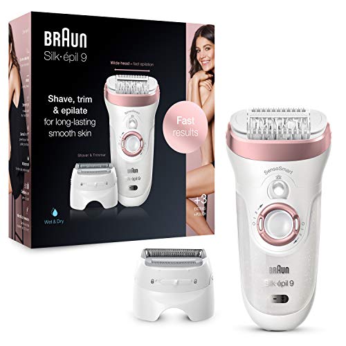 Braun Silk-épil 9 Depiladora Mujer con Tecnologí­a SensoSmart y Cabezal de Afeitado y Recorte, Uso en Seco y en Mojado, Inalámbrica, 9-720, Blanco/Oro Rosa