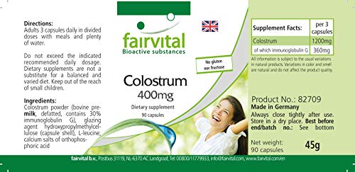 Calostro 400mg - Dosis elevada - Suplemento de Calostro bovino - Libre de EEB - 90 Cápsulas - Calidad Alemana