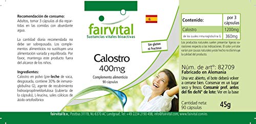 Calostro 400mg - Dosis elevada - Suplemento de Calostro bovino - Libre de EEB - 90 Cápsulas - Calidad Alemana
