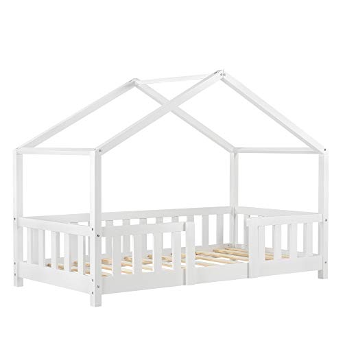Cama para niños de Madera Pino 70 x 140 cm Cama Infantil con Reja Protectora Casita Forma de casa Blanco Mate Lacado