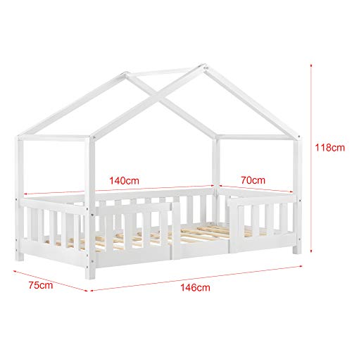 Cama para niños de Madera Pino 70 x 140 cm Cama Infantil con Reja Protectora Casita Forma de casa Blanco Mate Lacado