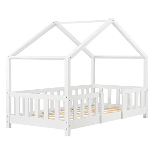 Cama para niños de Madera Pino 70 x 140 cm Cama Infantil con Reja Protectora Casita Forma de casa Blanco Mate Lacado