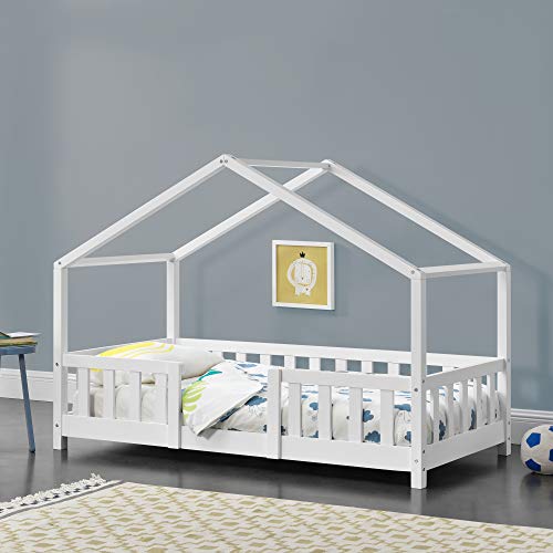 Cama para niños de Madera Pino 70 x 140 cm Cama Infantil con Reja Protectora Casita Forma de casa Blanco Mate Lacado