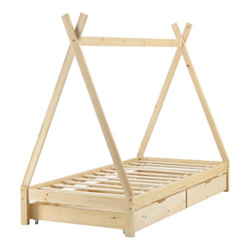 Cama para Niños de Madera Pino 90 x 200 cm con 2 Cajones para Almacenar en Diseño de Carpa Indio Cama Infantil Estructura Tipi Color Pino Natural