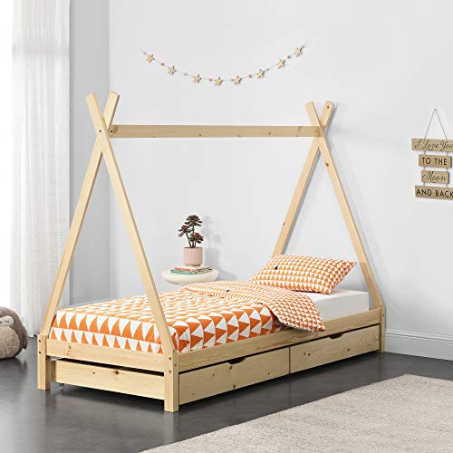 Cama para Niños de Madera Pino 90 x 200 cm con 2 Cajones para Almacenar en Diseño de Carpa Indio Cama Infantil Estructura Tipi Color Pino Natural