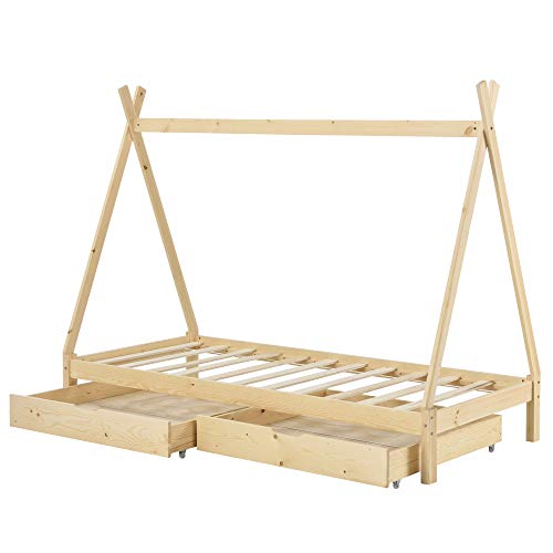 Cama para Niños de Madera Pino 90 x 200 cm con 2 Cajones para Almacenar en Diseño de Carpa Indio Cama Infantil Estructura Tipi Color Pino Natural