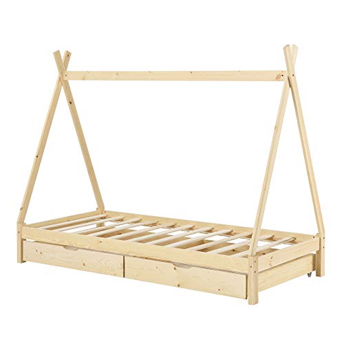 Cama para Niños de Madera Pino 90 x 200 cm con 2 Cajones para Almacenar en Diseño de Carpa Indio Cama Infantil Estructura Tipi Color Pino Natural
