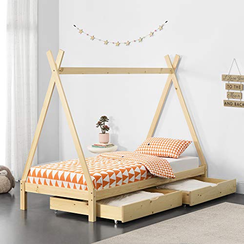 Cama para Niños de Madera Pino 90 x 200 cm con 2 Cajones para Almacenar en Diseño de Carpa Indio Cama Infantil Estructura Tipi Color Pino Natural