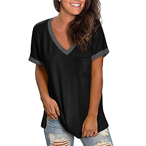 Camisetas Manga Corta Mujer Deporte,Camisetas Mujer Manga Corta Cuello V Casual Tops Color Sólido Suelto Baggy Jumper Casual Tops Blusa Camiseta Verano Shirts
