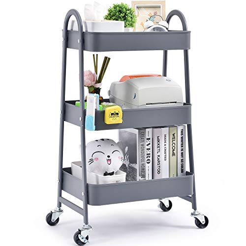 Carrito de almacenamiento Kingrack, carro de almacenamiento, carro de 3 niveles con gran almacenamiento y ruedas de metal para oficina, cocina, dormitorio, baño
