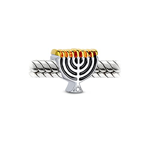 Chanukah Menorah Hanukkah Festival of Lights Charm Bead For Women Two Tone 14K Gold Plated .925 Sterling Silver Fits European Bracelet