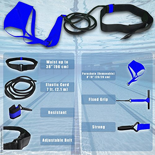 Cinturón de Natación: por Entrenamiento de Resistencia Estacionario (Natación en Seco) o Vueltas de la Piscina - con Paracaídas de Arrastre y Cuerda Elástica - para Adultos y Niños (tamaño Ajustable)