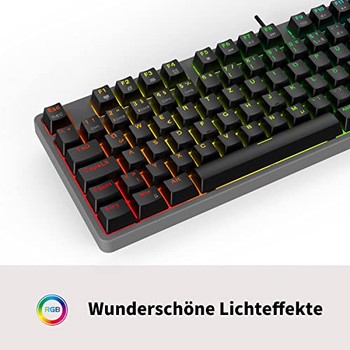 CIY X77 Teclado mecánico compacto RGB Gaming | 87 teclas QWERTZ Disposición RGB programable | Tres alturas ajustables | Cable tipo C | Teclado compatible con intercambio en caliente para Win/Mac.
