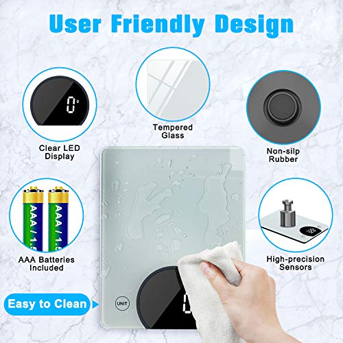 Cocoda Báscula Cocina Digital, 10KG / 22lbs Bascula de Cocina con Alta Precisión, Pantalla LED & Vidrio Templado, Función Tara, 4 Unidades Peso Cocina (Gramos y Onzas) para Cocinar, Baterías Incluida