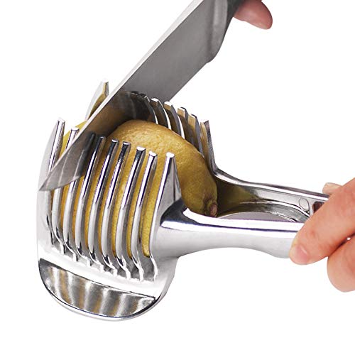 Cortador Cortador de Tomates en Rodajas con Mangos Largos Pinzas para Frutas Redondas Aleación de Aluminio Limón Kiwis Fáciles de Cortar Ayuda de Corte de Cocina de Herramientas Vegetales(Plata)