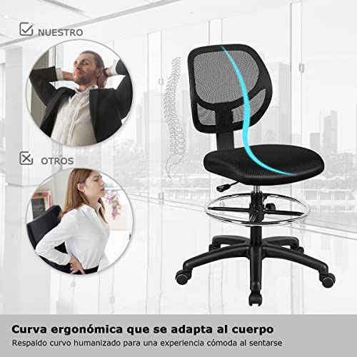 COSTWAY Silla de Red, Silla de Oficina con Soporte Lumbar, Reposapiés de Aro Regulable y Ruedas, Silla Ergonómica de Escritorio sin Reposabrazos para Casa y Oficina