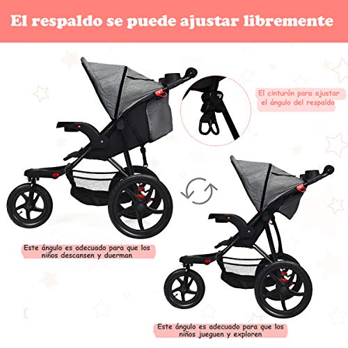 COSTWAY Triciclo con Función Reclinable Cochecito Plegable para Bebé Silla de Paseo Ligera con Cinturón de Seguridad 5 Puntos para Niños de 6 a 36 Meses (Gris)