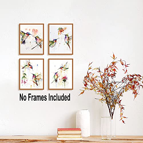 Cuadros de Pared de Pájaros Abstractos, Colibríes de Acuarela y Flores, Póster de Arte, Pared de Naturaleza Para Sala de Estar/Dormitorio/Oficina Decoración, Juego de 4 (8 "x 10") Sin Marco