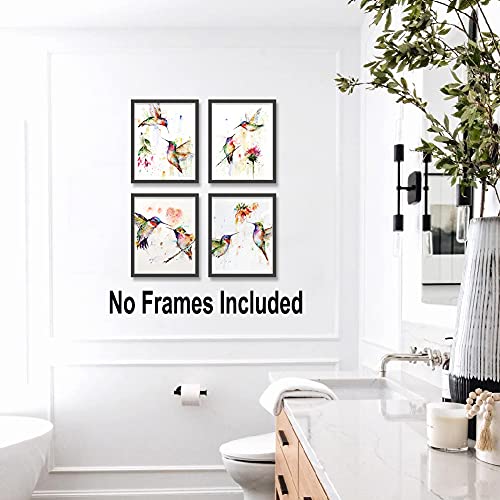 Cuadros de Pared de Pájaros Abstractos, Colibríes de Acuarela y Flores, Póster de Arte, Pared de Naturaleza Para Sala de Estar/Dormitorio/Oficina Decoración, Juego de 4 (8 "x 10") Sin Marco