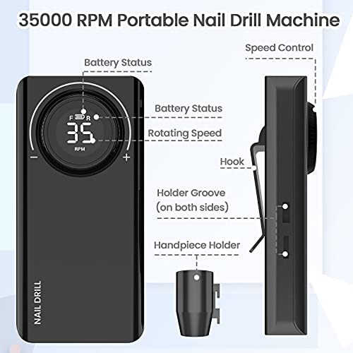 Delanie Torno para Uñas Profesional 35000 rpm Portatil Recargable Inalambrico con 6 brocas y Pantalla LCD para Manicura y Pedicura Negro