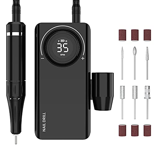 Delanie Torno para Uñas Profesional 35000 rpm Portatil Recargable Inalambrico con 6 brocas y Pantalla LCD para Manicura y Pedicura Negro