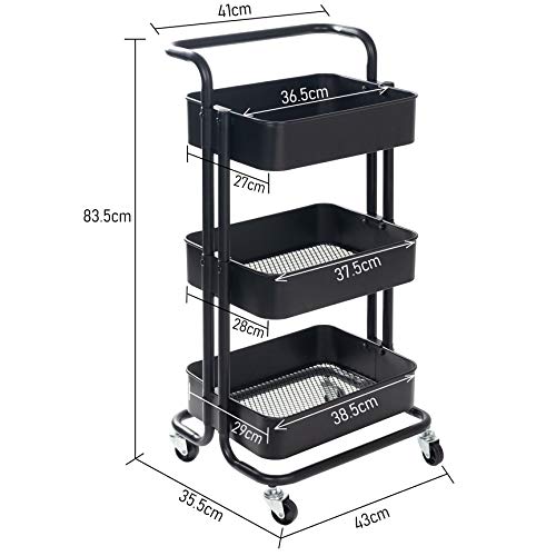 display4top Carrito con Bloquear Ruedas, Carrito Auxiliar con 3 Nivel para la Cocina, baño, Dormitorio de Almacenamiento (Negro)