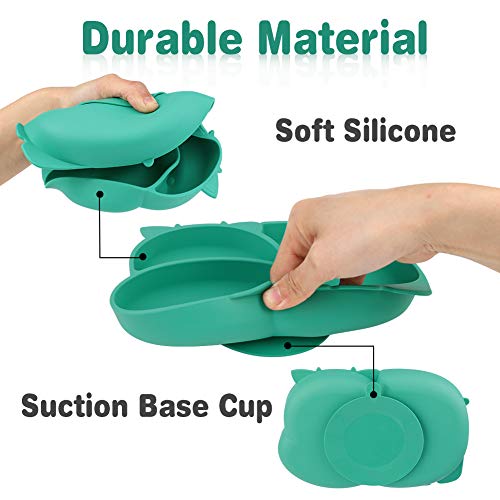 Dsaren Platos de Silicona para Bebé Ventosa Vajilla Platos Antideslizante con Cucharas Tenedor Platos Individual Bebe Sin BPA para Lavavajillas Microondas Silla Alta (Verde)
